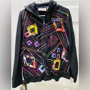 Vintage Artsy Colorful Geometric Embroidered Jacket, Plus, Size 2X